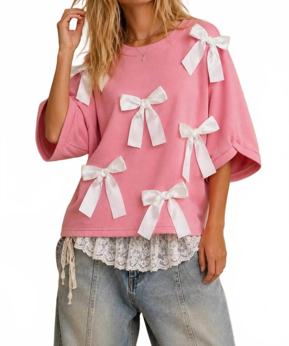 NEW J.NNA rosy bow-embellished short-sleeve top in soft pink